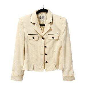 90s Valerie Stevens Yellow Cropped Blazer | Navy Piping | Vintage Chic | 8P